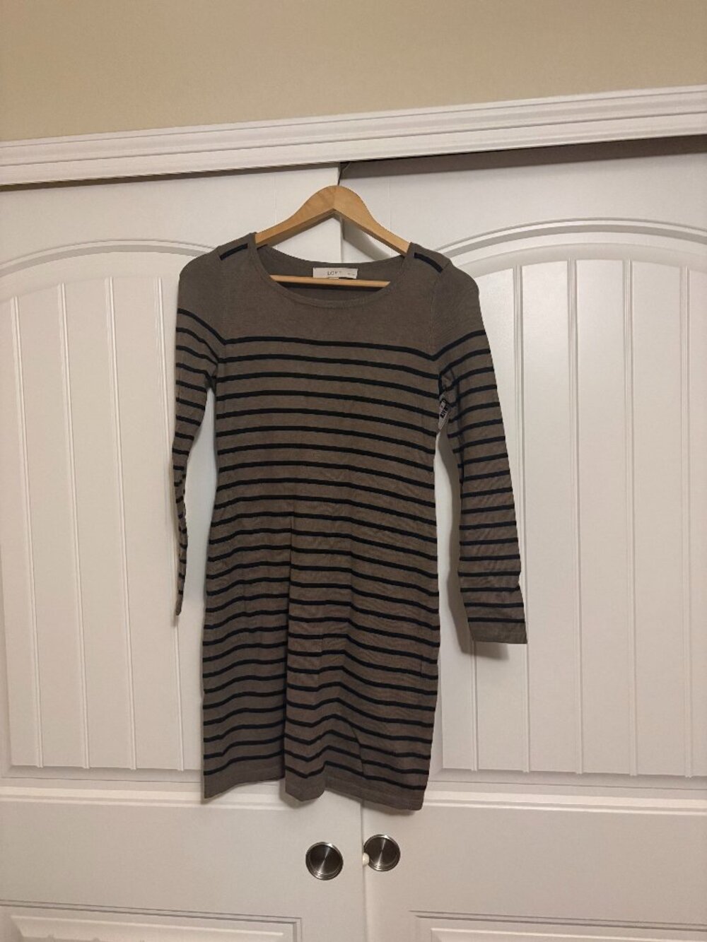 Ann Taylor LOFT Knit Dress XSP Xtra Small Petite Beige Black Stripe Midi Neutral